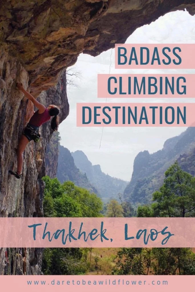 Woman rock climbing a multi-pitch climb in thakhek, laos in southeast asia.