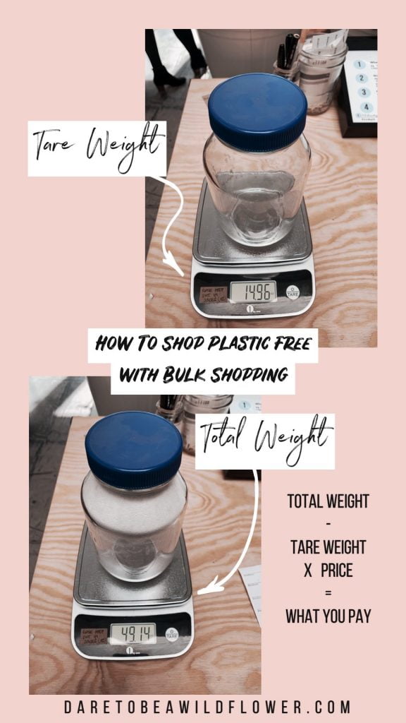 How to shop plastic free with bulk shopping. Total weight - tare weight x price = what you pay