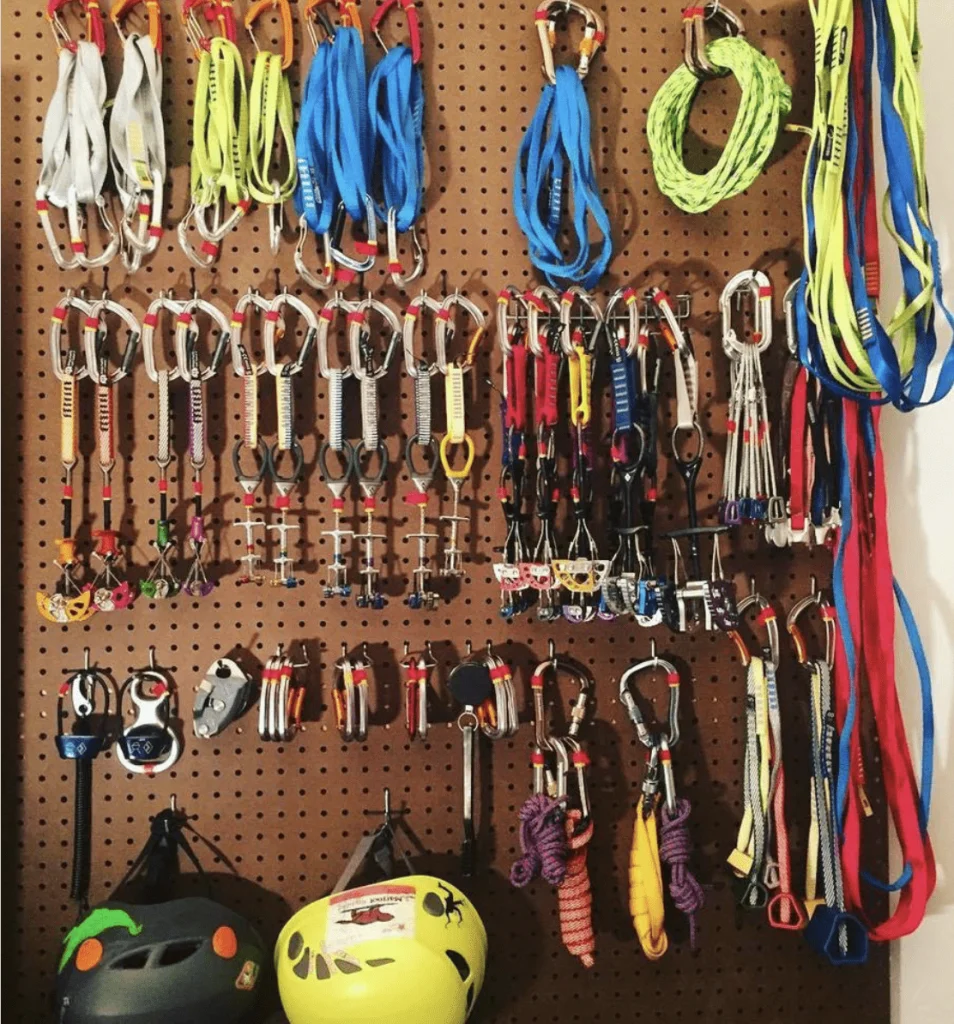 things climbers can do at home | pegboard rock climbing gear organization 