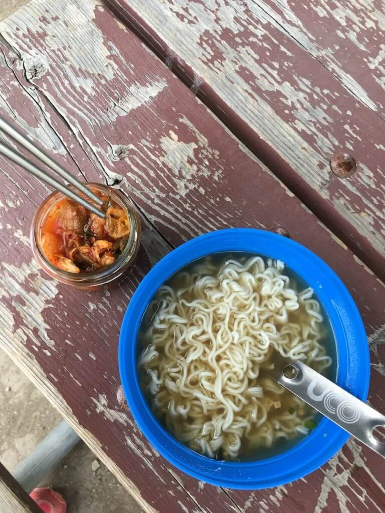 Ramen and kimchi make a fantastic, spicy hiker lunch.