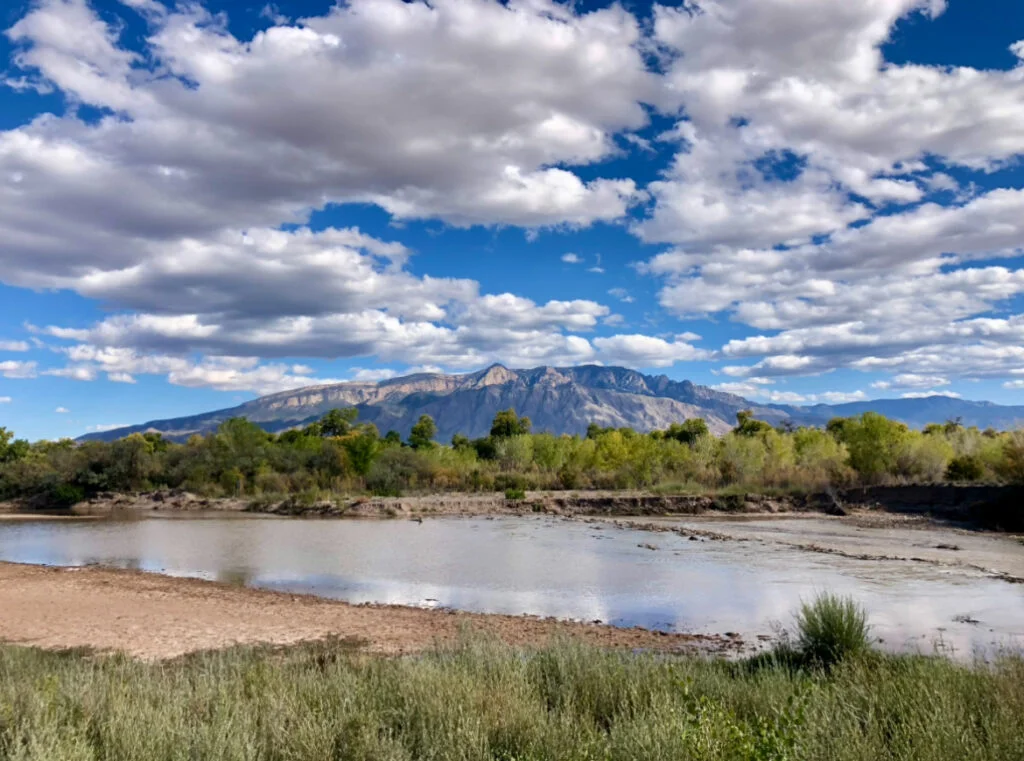 A river with mountains in the background.